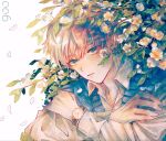  1boy brown_eyes cloak collared_shirt crossed_arms flower hair_between_eyes highres looking_at_viewer male_focus orange_hair original orokudesu petals shirt short_hair solo sweater upper_body white_flower 