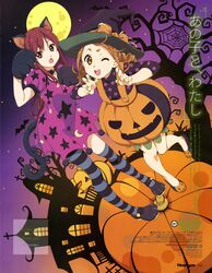  22/7 2girls absurdres animal_ears bow brown_hair cat_ears cat_tail dress fang hair_bow hair_ornament halloween halloween_costume hat high_ponytail highres horiguchi_yukiko jack-o&#039;-lantern kouno_miyako long_hair looking_at_viewer multiple_girls one_eye_closed pumpkin red_eyes redhead satou_reika smile striped striped_legwear tail teeth thigh-highs upper_teeth witch witch_hat 