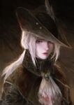  1girl absurdres black_headwear blood blood_on_clothes bloodborne grey_eyes hat highres jewelry juuliew lady_maria_of_the_astral_clocktower looking_at_viewer portrait solo_focus white_hair 