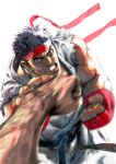  absurdres bandage_on_face bandages black_hair dougi fingerless_gloves gloves headband highres looking_at_viewer male_focus muscular official_art punching ryu_(street_fighter) simple_background street_fighter street_fighter_ii_(series) white_background yasuda_akira 