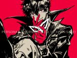  1boy amamiya_ren bangs black_coat black_hair closed_mouth coat copyright_name gloves hair_between_eyes long_sleeves looking_at_viewer male_focus persona persona_5 persona_5_the_royal red_background red_eyes red_gloves sawa2 simple_background smirk solo upper_body 