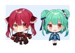  2girls :d ascot black_legwear blush bow chibi closed_mouth coat double_bun gradient_hair green_hair hair_bow hair_ornament hands_up heterochromia highres hololive houshou_marine long_sleeves looking_at_viewer multicolored_hair multiple_girls noi_mine open_clothes open_coat own_hands_together red_ascot red_eyes redhead skull_hair_ornament smile thigh-highs twintails uruha_rushia wide_sleeves yellow_eyes 