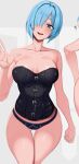  1girl :d ass_visible_through_thighs bare_arms bare_shoulders black_panties blue_eyes blue_hair blush bob_cut breasts commentary_request commission copyright_request corset doko_tetora hair_over_one_eye head_tilt large_breasts looking_at_viewer one_eye_covered open_mouth panties short_hair skeb_commission smile sweat thigh_gap underwear 