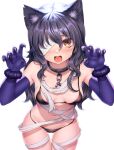  1girl absurdres animal_ear_fluff animal_ears bandage_over_one_eye bandages bangs bikini black_bikini black_hair blush breasts chain claw_pose collar collarbone diamond-shaped_pupils diamond_(shape) elbow_gloves fangs fingernails gloves groin highres long_hair looking_at_viewer medium_breasts navel neit_ni_sei open_mouth original purple_gloves sharp_fingernails simple_background skindentation solo string_bikini sweatdrop swimsuit symbol-shaped_pupils teeth thigh_gap tongue upper_teeth white_background yellow_eyes 