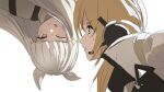  2girls ;q animal_ears arknights bangs blonde_hair blunt_bangs cloak headset horse_ears horse_girl long_hair multiple_girls nearl_(arknights) one_eye_closed orlijiang platinum_(arknights) simple_background smile sparkle tongue tongue_out white_background white_cloak white_hair yellow_eyes 