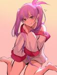  1girl absurdres bare_legs blush highres knees_together_feet_apart off_shoulder original oversized_clothes pink_eyes pink_hair sitting sketch sleeves_past_wrists smile solo tsurime twintails uthy 