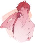  1boy amamiya_ren animal animal_on_shoulder bag bangs cat cat_on_shoulder closed_mouth cropped_torso glasses hair_between_eyes male_focus monochrome morgana_(persona_5) persona persona_5 red_theme sawa2 school_bag shirt short_sleeves simple_background 