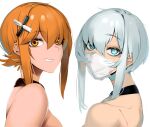  +_+ 2girls black_choker blue_eyes chisa_(doko_tetora) choker doko_tetora from_behind grey_hair grin hair_between_eyes hair_ornament looking_at_viewer looking_back mask mouth_mask multiple_girls orange_eyes orange_hair original sidelocks simple_background smile surgical_mask white_background white_mask x_hair_ornament 