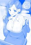  1girl blue_theme breasts getsuyoubi_no_tawawa gyouza_pudding himura_kiseki_(style) kouhai-chan_(tawawa) large_breasts long_hair monochrome office_lady open_mouth sweat tawawa_group 