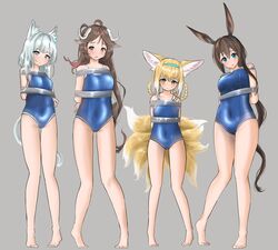  4girls absurdres ahoge amiya_(arknights) animal_ear_fluff animal_ears arknights arms_behind_back bangs bare_arms bare_legs bare_shoulders barefoot blonde_hair blue_eyes blue_hairband blue_swimsuit braid breasts cat_ears cat_tail commentary_request covered_navel eyebrows_visible_through_hair eyjafjalla_(arknights) fox_ears fox_tail full_body grey_background grey_eyes hair_rings hairband highres horns long_hair looking_at_viewer medium_breasts multiple_girls multiple_tails one-piece_swimsuit parted_lips rabbit_ears rosmontis_(arknights) seirein_(htyn2888) sheep_ears sheep_horns silver_hair simple_background standing suzuran_(arknights) swimsuit tail tape tied_up very_long_hair yellow_eyes 