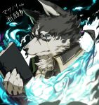  1boy artist_name black-framed_eyewear black_fur black_sclera blue_eyes blue_fire body_fur book bookmark claws colored_sclera commentary_request dog_boy fire furry furry_male glasses highres holding holding_book looking_at_viewer male_focus masanori_(tokyo_houkago_summoners) pmlial ponytail portrait scar scar_on_face slit_pupils snout solo tokyo_houkago_summoners translation_request white_fur 