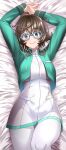  1girl absurdres ahoge arms_up bangs blue-framed_eyewear blush breasts brown_hair cropped_jacket dress fate/grand_order fate_(series) glasses green_eyes green_jacket hair_between_eyes highres jacket kogarasu1st large_breasts long_sleeves looking_at_viewer lying mable_macintosh on_back open_clothes open_jacket pants pantyhose short_dress short_hair smile solo thighs tight tight_pants white_dress white_pants yellow_eyes 