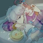  1boy 9no_kabe bangs bede_(pokemon) blush closed_eyes coat commentary_request curly_hair grey_eyes hatenna lying male_focus parted_lips pillow pokemon pokemon_(creature) pokemon_(game) pokemon_swsh purple_coat short_hair sleeping solosis sylveon undershirt watch watch white_hair 
