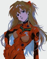  1girl bangs blue_eyes bodysuit breasts brown_hair frown hair_ornament hand_on_hip long_hair looking_at_viewer medium_breasts neon_genesis_evangelion pilot_suit plugsuit red_bodysuit simple_background solo souryuu_asuka_langley standing teigaso1 v-shaped_eyebrows white_background 