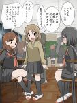  between_legs brown_hair chalkboard classroom desk eyebrows_visible_through_hair highres indoors long_hair mejikara_scene multiple_girls open_mouth original school school_desk school_uniform serafuku short_hair sitting skirt socks sweater thighs translation_request window 