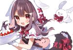  1girl :3 :d absurdres animal_hood bag black_dress bow bowtie brown_hair bunny_hood cake dress food fruit gloves highres holding holding_cake holding_food hood hood_up indie_virtual_youtuber long_hair looking_at_viewer low_twintails noi_mine official_art rabbit red_bow red_bowtie red_eyes shoulder_bag simple_background smile solo strawberry strawberry_shortcake twintails uchamochi_mochi white_background white_gloves 