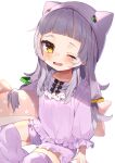  1girl ;o absurdres animal_ears bangs bloomers blunt_bangs cat_ears commentary_request eyebrows_visible_through_hair fake_animal_ears frills hair_ornament hat highres hololive long_hair long_sleeves looking_at_viewer low-tied_long_hair low_twintails murasaki_shion noi_mine one_eye_closed pajamas pillow purple_legwear sidelocks silver_hair simple_background sitting solo thigh-highs twintails underwear virtual_youtuber waking_up white_background yellow_eyes younger zettai_ryouiki 