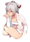  asuzemu bangs blush bow breasts cigarette collarbone collared_shirt dress_shirt eyebrows_visible_through_hair eyes_visible_through_hair feet fujiwara_no_mokou grey_hair hair_bow holding holding_cigarette long_sleeves looking_past_viewer navel ponytail red_bow red_eyes sarashi shirt small_breasts smoking stomach thighs touhou unbuttoned unbuttoned_shirt white_bow white_shirt 