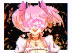  1girl abstract_background arms_at_sides black_background border cherry_blossoms choker chromatic_aberration close-up collarbone covered_eyes face facing_viewer flat_chest floating_hair flower flower_over_eyes frills hair_ribbon kaname_madoka lether mahou_shoujo_madoka_magica open_mouth outline pink_flower pink_hair pink_ribbon pink_theme puffy_short_sleeves puffy_sleeves red_choker red_ribbon ribbon ribbon_choker shiny shiny_hair short_sleeves short_twintails simple_background smile solo soul_gem teeth twintails upper_body upper_teeth white_border white_flower white_outline 