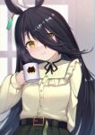  1girl ahoge animal_ears bangs belt belt_buckle black_belt black_hair black_ribbon blurry blurry_background blush breasts brown_eyes brown_shirt buckle closed_mouth commentary_request cup depth_of_field ear_piercing eyebrows_visible_through_hair eyes_visible_through_hair frilled_shirt frills hair_over_one_eye head_tilt highres holding holding_cup horse_ears long_hair long_sleeves manhattan_cafe_(umamusume) mug neck_ribbon piercing puffy_long_sleeves puffy_sleeves revision ribbon shirt sleeves_past_wrists small_breasts smile solo umamusume uneg upper_body very_long_hair window 