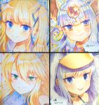  4girls akirannu animal_hood bangs bare_shoulders blonde_hair blue_eyes blue_ribbon closed_mouth collarbone copyright_request eyebrows_visible_through_hair fang fang_out fate/grand_order fate_(series) hair_between_eyes hair_ribbon headpiece highres hood hood_up horns meltryllis_(fate) meltryllis_(swimsuit_lancer)_(fate) multiple_girls penguin_hood pointy_ears portrait purple_hair ribbon sailor_collar shikishi silver_hair smile thick_eyebrows violet_eyes white_sailor_collar 
