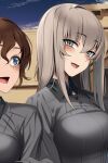  2girls :d akaboshi_koume blue_eyes blue_sky blush breasts brown_hair day doko_tetora girls_und_panzer grey_eyes grey_hair grey_shirt itsumi_erika large_breasts long_hair looking_at_viewer multiple_girls outdoors shirt sky smile solo_focus upper_body 