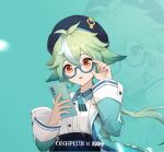  1girl animal_ears bangs beret cat_ears cellphone copyright_name eyebrows_visible_through_hair genshin_impact glasses green_hair hat holding holding_phone long_hair long_sleeves low_ponytail multicolored_hair official_art open_mouth orange_eyes phone ponytail semi-rimless_eyewear smartphone solo sucrose_(genshin_impact) third-party_source 