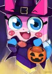  1girl alternate_costume artist_name blue_eyes capelet cat fang halloween halloween_bucket halloween_costume hat karasuma234 lego looking_at_viewer open_mouth princess_unikitty pumpkin skull_print solo tail the_lego_group the_lego_movie witch witch_hat 