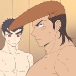  2boys brown_hair closed_mouth danganronpa:_trigger_happy_havoc danganronpa_(series) from_side ishimaru_kiyotaka large_pectorals looking_at_another male_focus medium_hair meme multicolored_hair multiple_boys muscle_envy muscular muscular_male nude oowada_mondo pectoral_envy_(meme) pectoral_focus pectorals pompadour profile qwq1151h red_eyes short_hair sweat two-tone_hair upper_body 