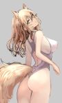 1girl animal_ears arknights ass bare_legs blonde_hair blush breasts commentary cowboy_shot eyebrows_visible_through_hair from_behind gnggp grey_background hair_between_eyes highres horse_ears horse_girl horse_tail long_hair looking_at_viewer looking_back medium_breasts nearl_(arknights) nearl_(shimmering_dew)_(arknights) official_alternate_costume one-piece_swimsuit parted_lips sideboob simple_background sketch solo standing swimsuit tail white_swimsuit yellow_eyes 