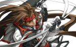  1boy belt brown_eyes brown_hair dong_hole english_text gloves guilty_gear guilty_gear_xx hair_over_one_eye headband highres huge_weapon long_hair male_focus multiple_belts order-sol outstretched_hand ponytail red_headwear solo very_long_hair weapon white_gloves 