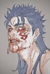  1boy absurdres adam&#039;s_apple angry blood blood_on_face blue_hair close-up closed_mouth cu_chulainn_(fate) cu_chulainn_alter_(fate/grand_order) earrings extra_eyes facepaint fang fate/grand_order fate_(series) grey_background highres jewelry long_hair looking_at_viewer male_focus moyashi_san4 red_eyes saliva simple_background slit_pupils solo spiky_hair veins 