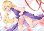  1girl bangs blonde_hair blush bodystocking breasts buttons commentary_request dress food frilled_dress frills fruit gold_trim hand_on_own_thigh kaede_(mmkeyy) kneeling large_breasts leotard long_hair looking_at_viewer peach purple_dress red_ribbon ribbon round_window shiny shiny_skin simple_background single_strap smile solo taut_leotard thighs touhou watatsuki_no_toyohime white_background white_leotard yellow_eyes 