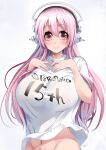  1girl blush breasts clothes_writing headphones highres kouki_kuu large_breasts long_hair looking_at_viewer mascot nitroplus pink_hair red_eyes shirt smile solo super_sonico t-shirt tareme upper_body 