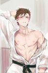  1boy abs belt black_belt black_hair brown_eyes dougi ensemble_stars! hand_on_own_head highres looking_at_viewer mad_pingu male_focus multicolored_hair nagumo_tetora nipples open_clothes pectorals redhead short_hair solo sweat sweatdrop teeth toned toned_male two-tone_hair 