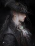  1girl black_headwear bloodborne blue_eyes hat highres jewelry lady_maria_of_the_astral_clocktower lips ponytail portrait silver_hair solo_focus white_hair 