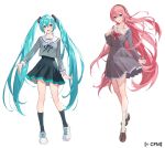  2girls alternate_costume aqua_eyes aqua_hair arm_at_side arms_at_sides bangs black_hairband black_legwear black_ribbon black_skirt blouse blue_eyes blue_hair breasts brown_footwear closed_mouth collarbone collared_dress commentary_request contrapposto crypton_future_media dot_nose dress eyebrows_visible_through_hair fingernails flat_chest floating_hair full_body grey_blouse grey_dress hair_between_eyes hairband hand_on_own_chest hand_up hatsune_miku height_difference highres kneehighs legs_apart legs_together light_blush light_smile loafers long_hair long_sleeves megurine_luka multiple_girls neck_ribbon official_art open_mouth pink_hair pink_pupils pleated_dress pleated_skirt red_ribbon ribbon sailor_collar school_uniform serafuku shiny shiny_hair shoes side-by-side sidelighting simple_background skirt small_breasts sneakers standing teeth teffish tsurime twintails two-tone_skirt upper_teeth very_long_hair violet_eyes vocaloid white_background white_footwear white_legwear white_sailor_collar 