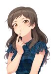  1girl bangs blue_shirt brown_eyes brown_hair collared_shirt commentary finger_to_mouth green_nails idolmaster idolmaster_(classic) idolmaster_million_live! idolmaster_movie kamille_(vcx68) kitazawa_shiho light_blush long_hair looking_at_viewer nail_polish parted_lips plaid plaid_shirt shirt short_sleeves simple_background solo swept_bangs upper_body white_background 