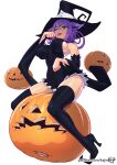  1girl ;p animal_ears blair_(soul_eater) boots breasts cat_ears detached_sleeves hat high_heels jack-o&#039;-lantern kajin_(kajinman) large_breasts long_hair looking_at_viewer one_eye_closed paw_pose purple_hair solo soul_eater thigh-highs thigh_boots tongue tongue_out white_background witch_hat yellow_eyes 