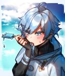  1boy ahoge blue_background blue_eyes blue_hair blue_sky border copyright_request day food highres holding licking licking_hand long_sleeves male_focus mirin_chikuwa outside_border popsicle sky solo tongue tongue_out upper_body white_border 