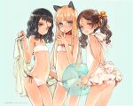  3girls animal_ears aqua_background ass back_bow ball bandeau bare_shoulders beachball bikini black_hair black_ribbon blonde_hair blue_eyes blush bow brown_eyes brown_hair casual_one-piece_swimsuit cat_ears choker collar commentary dated ema_(shirotsume_souwa) english_commentary finger_to_mouth flat_chest frilled_swimsuit frills grey_eyes hair_ribbon highres long_hair looking_at_viewer medium_hair mixed-language_commentary multiple_girls one-piece_swimsuit open_mouth orange_ribbon oyari_ashito red_collar redrawn ribbon ribbon_choker sayu_(shirotsume_souwa) shirotsume_souwa side-tie_bikini signature simple_background smile swimsuit touka_(shirotsume_souwa) towel twintails wavy_hair white_swimsuit 