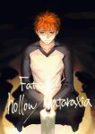  1boy absurdres candle emiya_shirou english_text fate/hollow_ataraxia fate_(series) highres indian_style light looking_at_viewer male_focus open_mouth orange_eyes orange_hair raglan_sleeves shaded_face shadow sitting solo spiky_hair y_das_a_r 