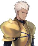  1boy archer_(fate) armor closed_mouth cosplay dark-skinned_male dark_skin fate/stay_night fate_(series) gilgamesh_(fate) gilgamesh_(fate)_(cosplay) gold_armor grey_eyes highres male_focus simple_background sketch solo spiky_hair sweatdrop upper_body white_background white_hair zonotaida 