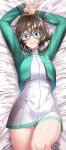  1girl absurdres ahoge arms_up bangs blue-framed_eyewear blush breasts brown_hair cropped_jacket dress fate/grand_order fate_(series) glasses green_jacket hair_between_eyes highres jacket kogarasu1st large_breasts long_sleeves looking_at_viewer lying mable_macintosh on_back open_clothes open_jacket pantyhose short_dress short_hair smile solo thighs white_dress yellow_eyes 