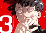  1boy bangs black_hair black_jacket closed_mouth copyright_name hand_up highres jacket jyun_xix kageyama_shigeo looking_away male_focus mob_psycho_100 portrait red_background red_eyes short_hair solo 