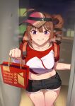  1girl bag breath brown_hair commentary cowboy_shot denim denim_shorts drill_hair english_text eyebrows_visible_through_hair grin hair_tie highres holding holding_bag idolmaster idolmaster_million_live! kamille_(vcx68) looking_at_viewer midriff night open_door red_shirt shirt shopping_bag short_shorts shorts side_drill side_ponytail sideways_hat smile solo standing sweat t-shirt thigh_gap violet_eyes visor_cap wristband yokoyama_nao 