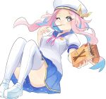  1girl :3 alternate_costume beret blue_hair blue_sailor_collar blush box breast_pocket breasts closed_mouth commentary_request constellation_print eating eyebrows_visible_through_hair food forehead full_body hands_up happy hat hat_ribbon highres holding holding_box holding_food jpeg_artifacts knees_up komuro_takahiro leaning_back legs_together light_blush long_hair looking_at_viewer medium_breasts miniskirt multicolored_hair neck_ribbon one_eye_closed orvelle_(world_flipper) pink_hair pink_ribbon pleated_skirt pocket pocky puffy_short_sleeves puffy_sleeves ribbon sailor_collar school_uniform shoes short_sleeves sidelocks simple_background sitting skirt smile solo star-shaped_pupils star_(symbol) streaked_hair symbol-shaped_pupils thigh-highs two-tone_hair violet_eyes white_background white_footwear white_headwear white_legwear world_flipper yellow_ribbon 