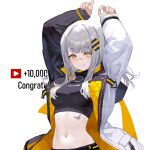  1girl arms_up bandaid bandaid_on_nose black_shirt breasts crop_top grey_hair grin hachi_(live_union) hair_ornament hairclip izumi_sai jacket live_union long_hair long_sleeves looking_at_viewer medium_breasts midriff milestone_celebration mole mole_under_eye multicolored_clothes multicolored_jacket navel open_clothes open_jacket shirt sleeveless sleeveless_shirt sleeveless_turtleneck smile solo stomach tattoo turtleneck two-tone_jacket upper_body virtual_youtuber yellow_eyes 