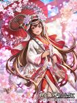  1girl :d brown_hair cherry_blossoms day floral_print flower japanese_clothes kimono kome_(okome-smile) long_hair long_sleeves official_art oil-paper_umbrella outdoors sengoku_kishin_valkyrie smile solo standing torii umbrella very_long_hair watermark white_headwear white_kimono wide_sleeves 