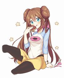  1girl :q arm_support bangs blue_eyes blush bow breasts brown_hair brown_legwear closed_mouth commentary double_bun doughnut eyelashes food food_on_face hair_between_eyes highres holding legwear_under_shorts long_hair pantyhose pink_bow pokemon pokemon_(game) pokemon_bw2 raglan_sleeves rosa_(pokemon) shirt shorts sitting smile snowsakurachan solo star_(symbol) tongue tongue_out twintails yellow_shorts 